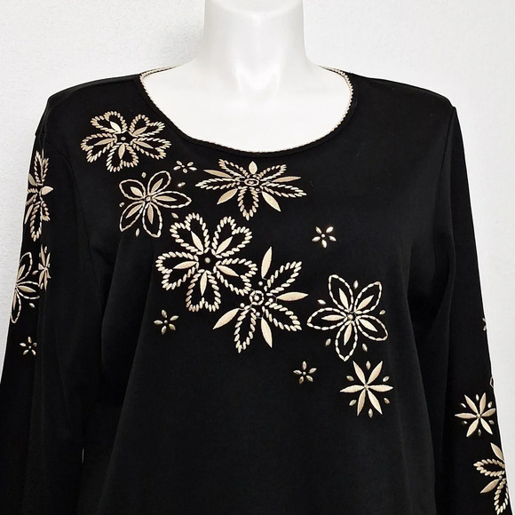 Alfred Dunner Black & Gold Spontaneous Flower Embroidery Crew Neck Top Size XL - Picture 3 of 13